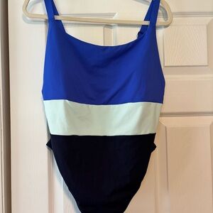 Athleta Blue and White Colorblock One Piece Swimsuit